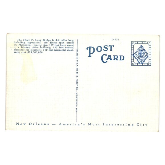 Huey P Long Bridge New Orleans LA Vintage Postcard EC Kropp Co Milwaukee 14951 - Picture 2 of 2